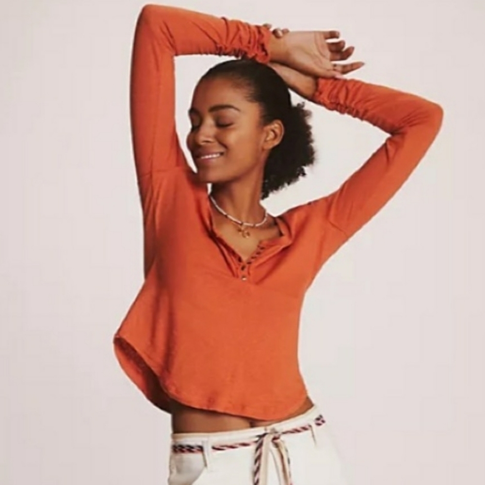 Pilcro Sustainable Linen Blend Henley Top NEW